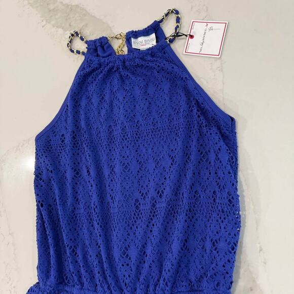 Bisou Bisou NWT Royal Blue Crochet HighNeck Gold Chain Romper Womens Size Medium - Picture 3 of 8